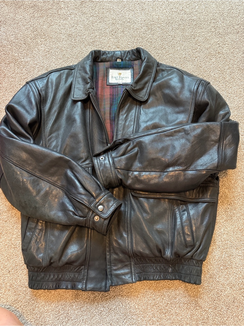 Bill Blass Genuine Leather Bomber Jacket with Plaid Lining